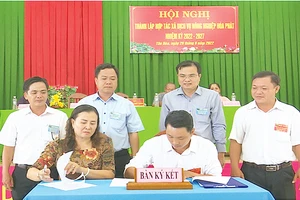 Bí thư Huyện ủy Thanh Bình, Cao Thanh Xuân (đứng thứ 2 từ phải qua) tham dự Hội nghị thành lập hợp tác xã tại xã Tân Hòa.