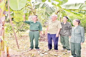 Ông Trần Văn Luần (ngoài cùng bên trái) ở thôn Tân Na, xã Nhật Tiến, huyện Hữu Lũng (Lạng Sơn) giới thiệu mô hình kinh tế của gia đình.