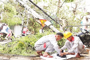 Cán bộ, nhân viên kỹ thuật các doanh nghiệp viễn thông khắc phục sự cố sau bão số 3 tại Hải Phòng. (Ảnh V.T)