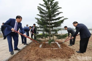 Các đồng chí lãnh đạo tỉnh và thành phố Nam Định trồng cây tại công viên Thiên Trường-Đền Trần.