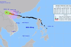 Vị trí và hướng di chuyển của bão số 3 lúc 17 giờ. (Nguồn: nchmf.gov.vn)