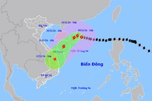 Vị trí và hướng di chuyển của bão số 7 lúc 16 giờ ngày 9/11. (Nguồn: nchmf.gov.vn)