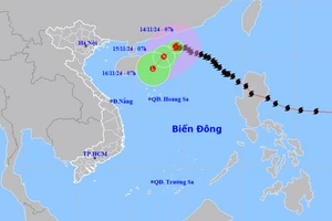 Vị trí và hướng di chuyển của bão số 8 lúc 7 giờ ngày 14/11. (Nguồn: nchmf.gov.vn)