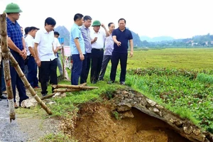 Bí thư Tỉnh ủy Hòa Bình Nguyễn Phi Long (ngoài cùng bên phải) chỉ đạo xử lý khắc phục hậu quả sạt lở tại đường 445, thành phố Hòa Bình.