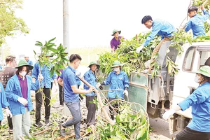 Thanh niên quận Hoàng Mai thu gom rác thải khắc phục hậu quả bão số 3.