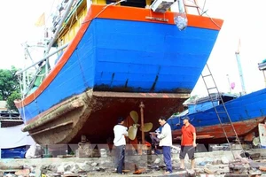 Nhân viên Trung tâm đăng kiểm thuộc Chi cục thủy sản Quảng Bình kiểm tra để cấp đăng kiểm cho tàu cá.