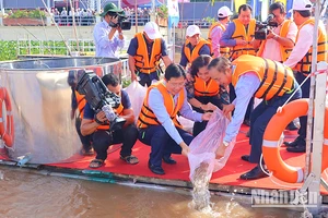 Đại biểu tham gia thả cá giống xuống sông Tiền với mục tiêu tái tạo nguồn lợi thủy sản.