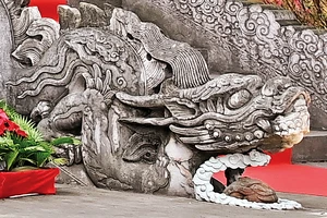 Đôi rồng đá trước thềm điện Kính Thiên trong Hoàng thành Thăng Long, TP Hà Nội. (Ảnh: TRẦN THANH GIANG)