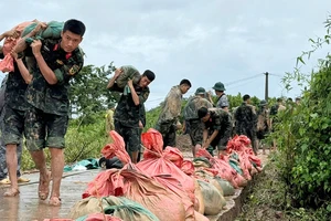 Cán bộ, chiến sĩ tham gia phòng chống sạt lở tại tuyến đê thuộc thôn Mai Tô, xã Phì Ðiền, huyện Lục Ngạn (Bắc Giang). (Ảnh PHẠM THỊNH)