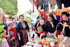 Người dân, du khách tham quan gian trưng bày các sản phẩm ẩm thực tại khu vực di tích chùa Tam Thanh (Lạng Sơn). (Ảnh MAI HIẾU)