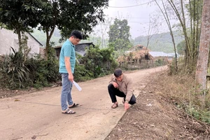 Ban giám sát đầu tư cộng đồng thôn Nà Giáo (Thanh Thịnh, Chợ Mới, Bắc Kạn) kiểm tra chất lượng đổ bê-tông công trình đường qua thôn 