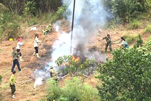 Cán bộ và nhân dân xã Tân Long, huyện Yên Sơn, tỉnh Tuyên Quang diễn tập phương án chữa cháy rừng.