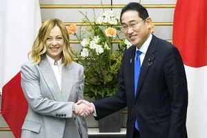 Thủ tướng Nhật Bản Fumio Kishida (phải) và người đồng cấp Italy Giorgia Meloni bắt tay trước cuộc hội đàm tại Tokyo vào ngày 5/2/2024. Ảnh: Kyodo.