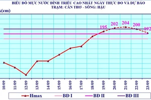 Biểu đồ mực nước đỉnh triều cao nhất ngày thực đo và dự báo trạm Cần Thơ-sông Hậu.