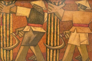 Phùng Phẩm, Hai người thợ gặt, sơn mài, 120x160cm, 2005.