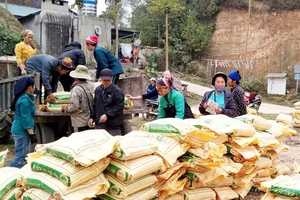 Người dân xã Trung Hòa, huyện Ngân Sơn nhận phân bón hỗ trợ sản xuất. Ảnh: THU TRANG