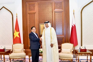 Thủ tướng Phạm Minh Chính bắt tay Chủ tịch Quốc hội Qatar Hassan bin Abdulla Al-Ghanim trong phòng hội kiến. (Ảnh: Thanh Giang)