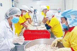 Đại diện Sở Công thương Long An kiểm tra việc sản xuất các sản phẩm từ thịt gà tại doanh nghiệp Ba Huân ở huyện Đức Hòa.