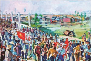 Tác phẩm “Tân An những ngày tháng Tám năm 1945” của họa sĩ Hữu Phương, vẽ theo lời kể của họa sĩ Huỳnh Văn Gấm. 