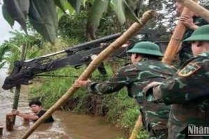 Lực lượng vũ trang tỉnh Thái Bình xử lý sự cố tại đê bao sông Hóa, địa phận xã An Thanh, huyện Quỳnh Phụ.