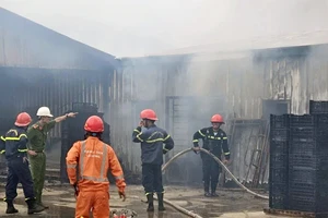 Lực lượng chức năng nỗ lực dập lửa tại khu vực sản xuất nấm.