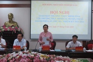 Đồng chí Lê Thị Thủy, Bí thư Tỉnh ủy, Chủ tịch Hội đồng nhân dân tỉnh Hà Nam phát biểu tại hội nghị.