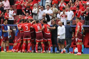 Các cầu thủ Thụy Sĩ ăn mừng chiến thắng 3-1 trong trận gặp Đội tuyển Hungary. (Ảnh: THX/TTXVN)