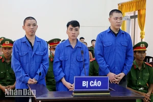 Bị cáo Nguyễn Triều Giang (giữa), Nguyễn Tiến Thành (bìa phải) và Trình Vũ Tuấn tại phiên tòa. 