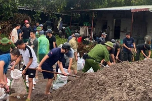 Các lực lượng thuộc thành phố Nam Định (tỉnh Nam Định) phối hợp gia cố điểm xung yếu, phòng ngừa sự cố đê.