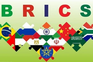 Biểu tượng Nhóm BRICS cùng quốc kỳ các nước thành viên và các nước được mời gia nhập nhóm. (Ảnh: IRNA/TTXVN)