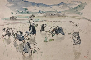 Bức tranh mầu nước Đi cấy (năm 1954) của họa sĩ Nguyễn Văn Tỵ. 