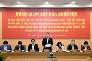 Phó Chủ tịch Quốc hội Nguyễn Đức Hải - Trưởng Đoàn giám sát của Quốc hội giám sát việc thực hiện Nghị quyết số 43/2022/QH15, làm việc với Ủy ban nhân dân thành phố Hà Nội chiều 12/3/2024. Nguồn: quochoi.vn 