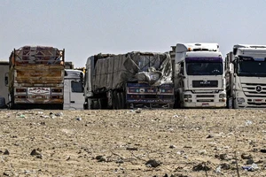 Xe tải chở hàng viện trợ cho Dải Gaza tập trung gần cửa khẩu Rafah bên phía Ai Cập, ngày 23/3. (Ảnh: AFP/TTXVN)