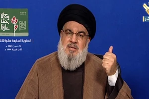 Thủ lĩnh phong trào Hezbollah tại Liban Hassan Nasrallah trong bài phát biểu trên truyền hình ngày 12/7/2023. (Ảnh: AFP/TTXVN)