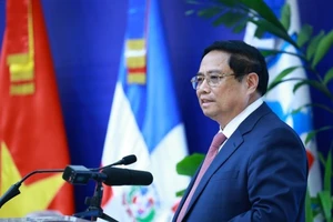 Thủ tướng Phạm Minh Chính phát biểu chính sách tại Học viện Ngoại giao, Bộ Ngoại giao Cộng hòa Dominicana. (Ảnh: TTXVN)