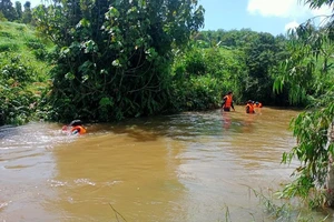 Quá trình lực lượng cứu hộ tìm kiếm thi thể nạn nhân Phạm Văn Tân, thường trú tại thôn Quảng Tiến, xã Quảng Sơn, huyện Đắk Glong, tỉnh Đắk Nông. 