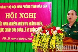 Đại tá Nguyễn Công Tuấn, Phó Chỉ huy trưởng kiêm Tham mưu trưởng Bộ đội Biên phòng tỉnh Đắk Lắk phát biểu tại hội nghị.