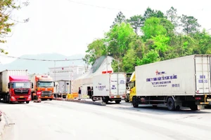 Xe chở hàng chờ thông quan hàng hóa tại Cửa khẩu quốc tế Hữu Nghị (tỉnh Lạng Sơn).