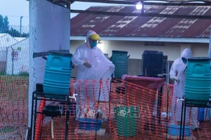 Các bác sĩ làm việc tại khu vực cách ly điều trị cho bệnh nhân nhiễm Ebola tại Mubende, Uganda. (Ảnh tư liệu: AFP/TTXVN)