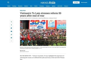 Báo Nikkei Asia của Nhật Bản đưa tin về niềm tự hào của người dân Việt Nam trong Lễ kỷ niệm 50 năm Ngày Giải phóng miền nam, thống nhất đất nước, ngày 30/4. (Ảnh chụp màn hình)