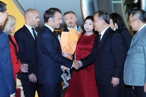 Chủ nhiệm Văn phòng Chủ tịch nước Lê Khánh Hải đón Tổng thống Cộng hòa Pháp Emmanuel Macron và Phu nhân tại Sân bay quốc tế Nội Bài. (Ảnh TTXVN)