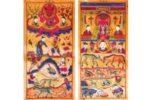 Ảnh minh họa: Bộ tranh “Thần Nông và Địa Trạch” của dân tộc Cao Lan-Sán Chỉ do nghệ nhân Hàng Trống thể hiện. (Nguồn: Báo ảnh Dân tộc và Miền núi)