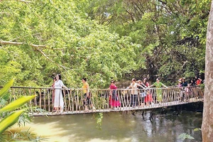 Cầu treo Buôn Đôn được làm bằng tre nứa, bên trong là sợi dây cáp tạo sự an toàn và không làm mất đi cảm giác đung đưa.