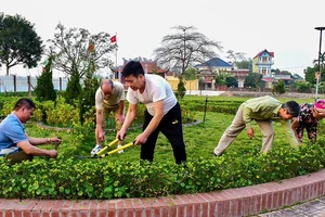 Người dân thôn Đông Am Vàng, xã Việt Lập, huyện Tân Yên (Bắc Giang) cắt tỉa cây xanh trong khuôn viên, góp phần xây dựng nông thôn mới kiểu mẫu. (Ảnh DƯƠNG THỦY)