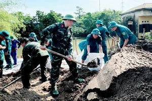 Lực lượng chức năng huyện Thanh Trì khắc phục sự cố đê điều do ảnh hưởng siêu bão số 3 tháng 9/2024.
