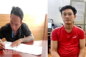 Đối tượng Nguyễn Hoàng Nam và Phạm Ngọc Định đến cơ quan Công an xin đầu thú.