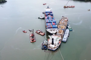 Hiện trường hai tàu chở hàng đâm va tại khu vực mũi An Thạnh, sông Lòng Tàu. 
