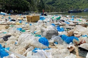 Khu vực bãi Chính của vịnh Vũng Rô thuộc xã Hòa Xuân Nam, thị xã Đông Hòa (Phú Yên) ngập tràn rác thải nhựa. (Ảnh: TTXVN)