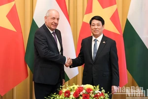 Chủ tịch nước Lương Cường và Tổng thống Pháp Hungary Sulyok Tamás chụp ảnh chung tại hội đàm.