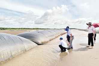 Công trình kè mềm chống sạt lở bờ biển tại huyện Thạnh Phú, tỉnh Bến Tre.